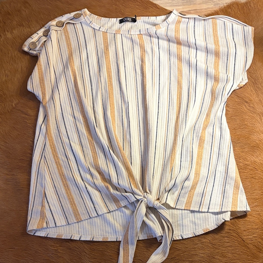 Cato Beige and Blue Striped Tie-Front Blouse